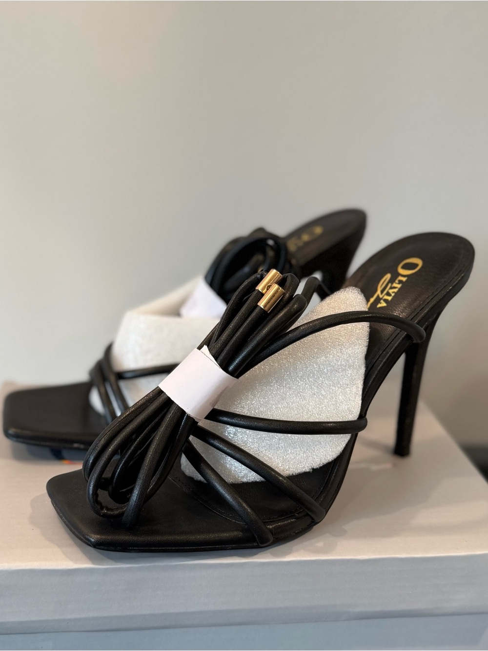 Elegant Black Strappy High Heel Mules with Gold Accent